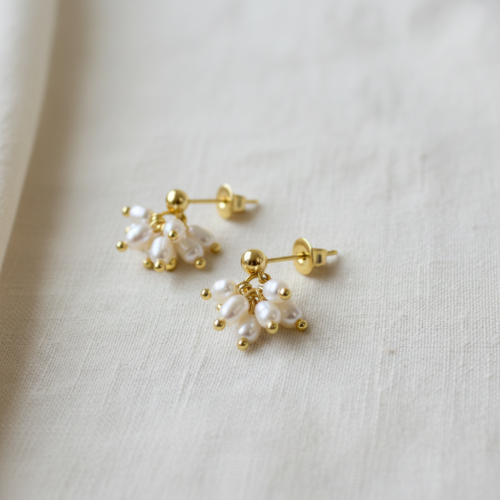 18K Gold Plated Stud|Freshwater Pearl Cluster Drop Earrings|Minimalist Earrings.