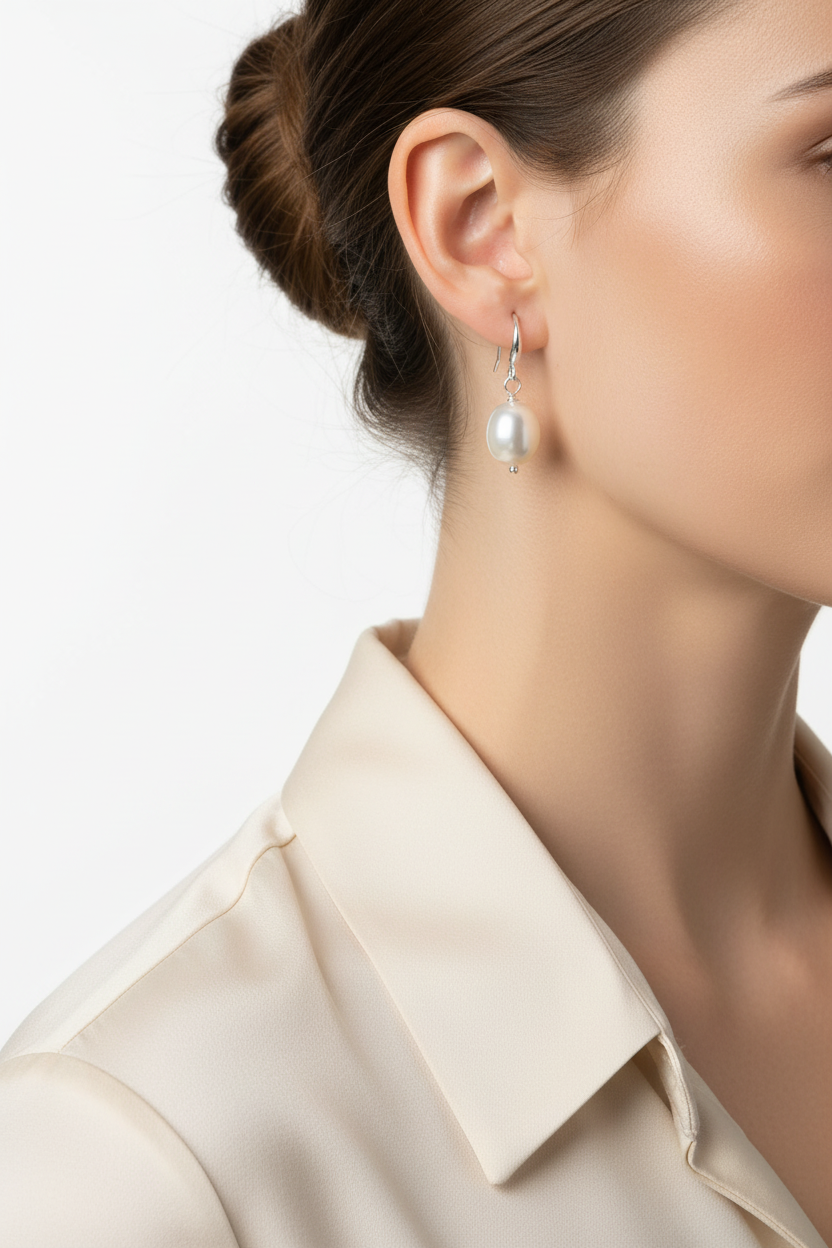 Pearl Earrings – Faceless Model Cream Blouse