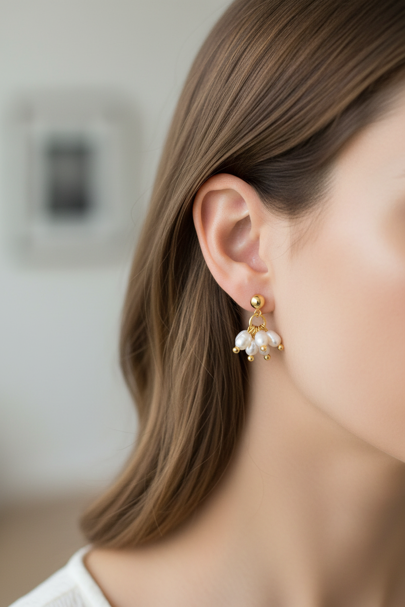 18K Gold Plated Stud|Freshwater Pearl Cluster Drop Earrings|Minimalist Earrings.