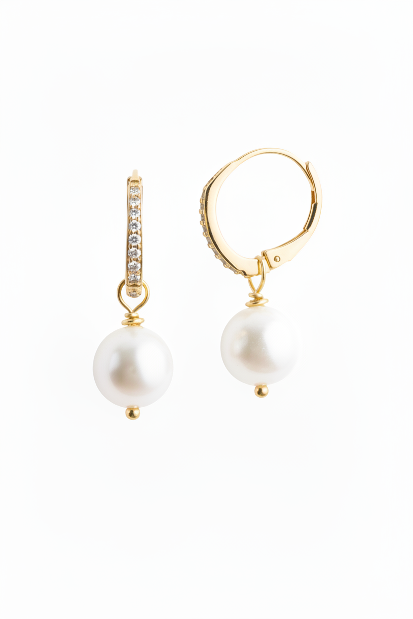 Pearl Huggie Hoop Earrings | Gold Pavé Diamond & Freshwater Pearl Drop