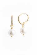 Pearl Huggie Hoop Earrings | Gold Pavé Diamond & Freshwater Pearl Drop