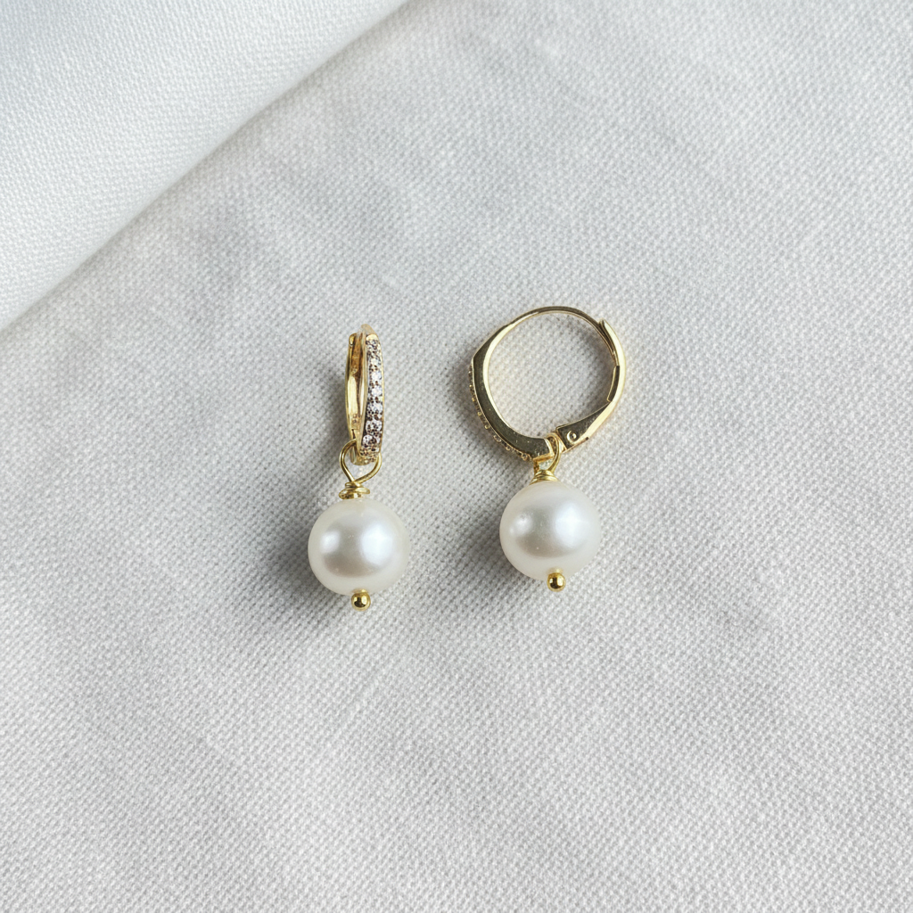 Pearl Huggie Hoop Earrings | Gold Pavé Diamond & Freshwater Pearl Drop