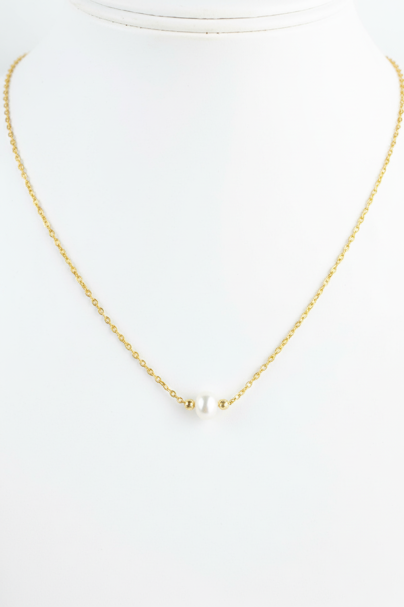 Pearl Gold Chain Necklace - White Background