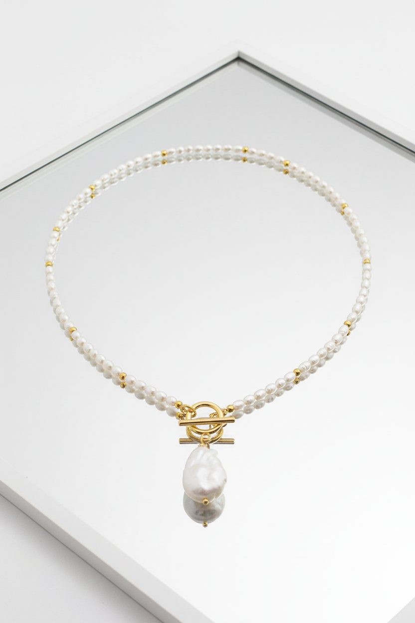Baroque Pearl Toggle Necklace | Freshwater Smooth Rice Pearl & Gold Beaded Necklace