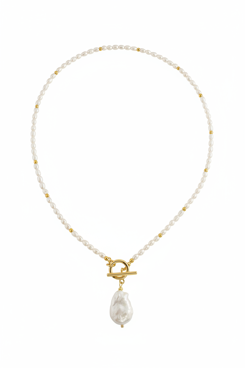Baroque Pearl Toggle Necklace | Freshwater Smooth Rice Pearl & Gold Beaded Necklace