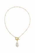 Baroque Pearl Toggle Necklace | Freshwater Smooth Rice Pearl & Gold Beaded Necklace