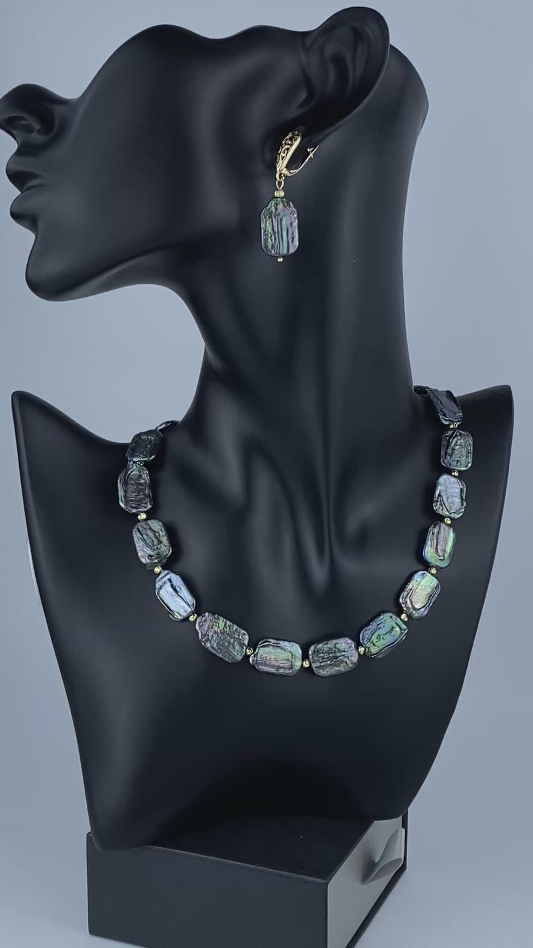 Black Peacock Blue Flat Pearl Necklace and Earrings,Irregular Rectangle Square Pearls Natural Freshwater Cultured. Set Jewelry.