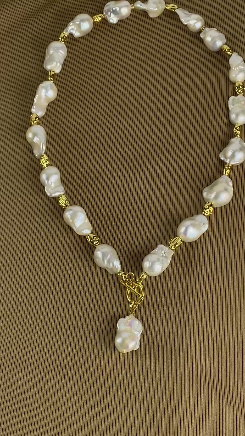 Big Baroque Freshwater Pearl Necklace | 18k Gold Plated Irregular Spacer Beads. Statement Necklace.