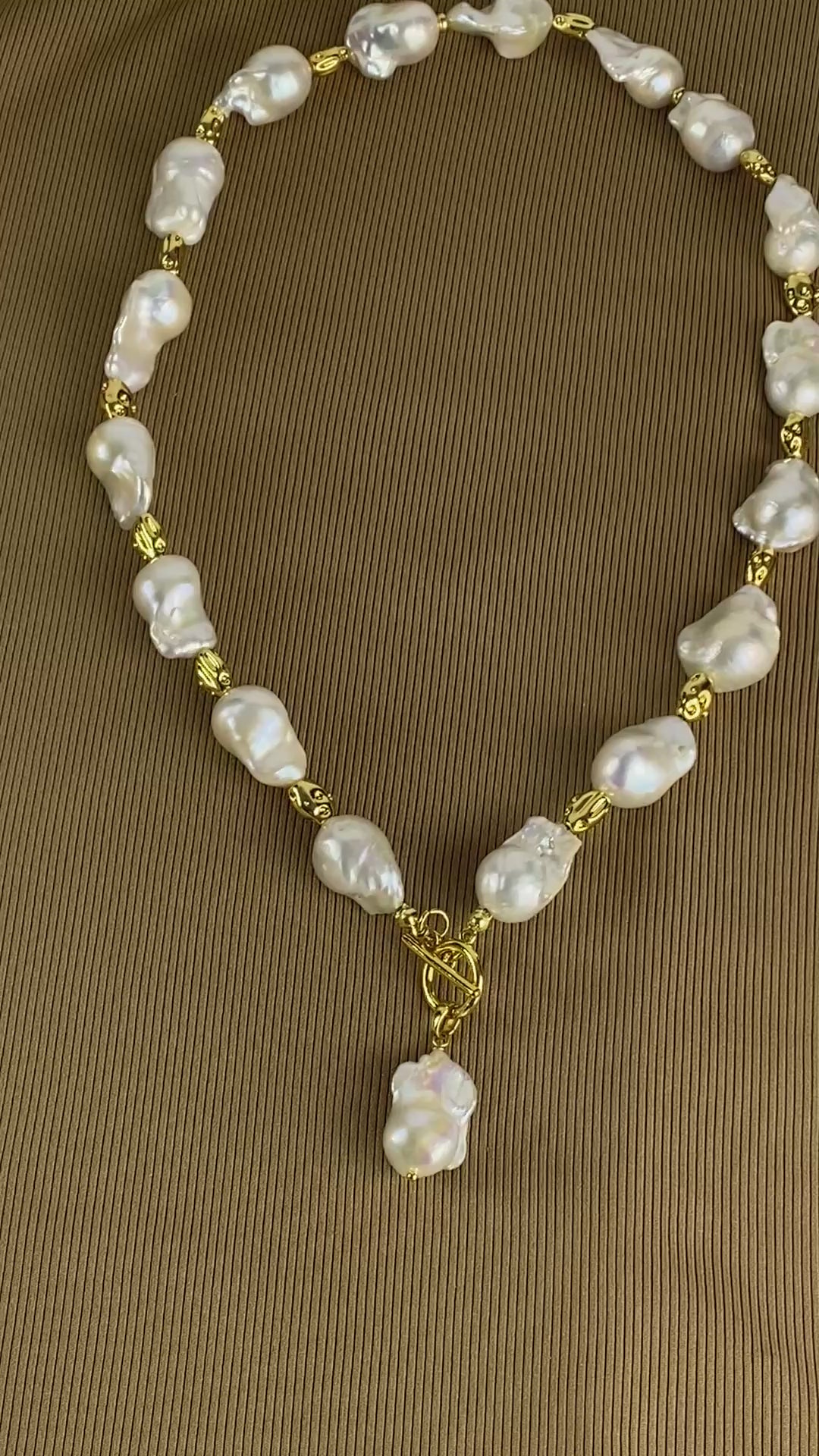 Big Baroque Freshwater Pearl Necklace | 18k Gold Plated Irregular Spacer Beads. Statement Necklace.