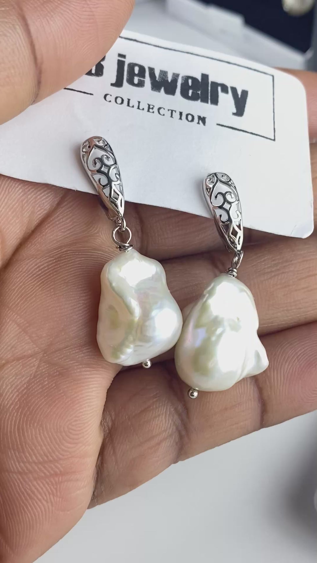 Baroque Pearl Drop Earrings | Silver Filigree Stud | Freshwater Pearl.