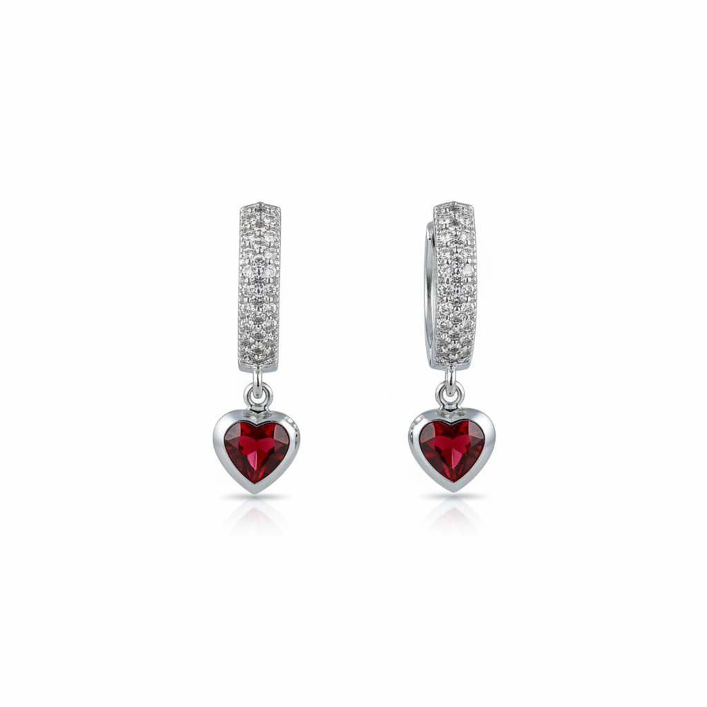 Red Heart Crystal Huggie Earrings | CZ Pavé Silver Hoops | Sterling Silver