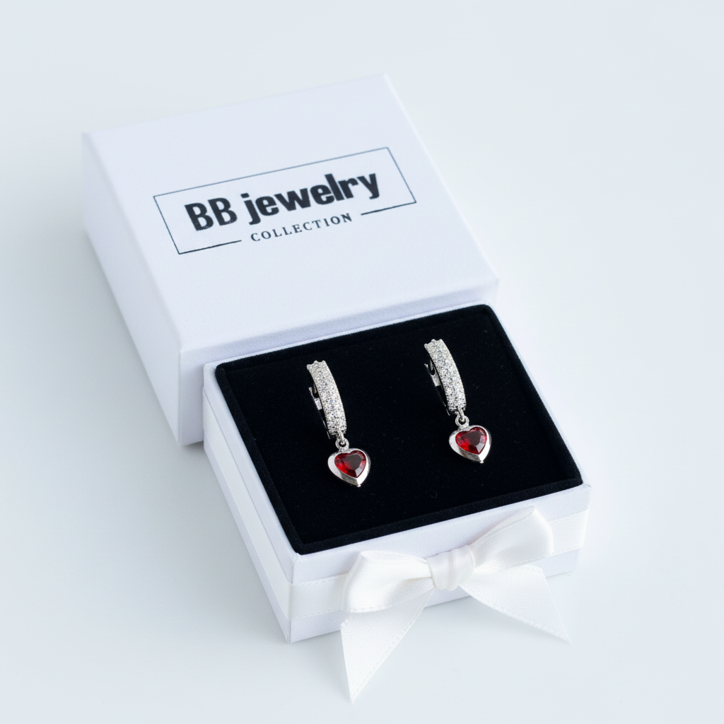 Red Heart Crystal Huggie Earrings | CZ Pavé Silver Hoops | Sterling Silver