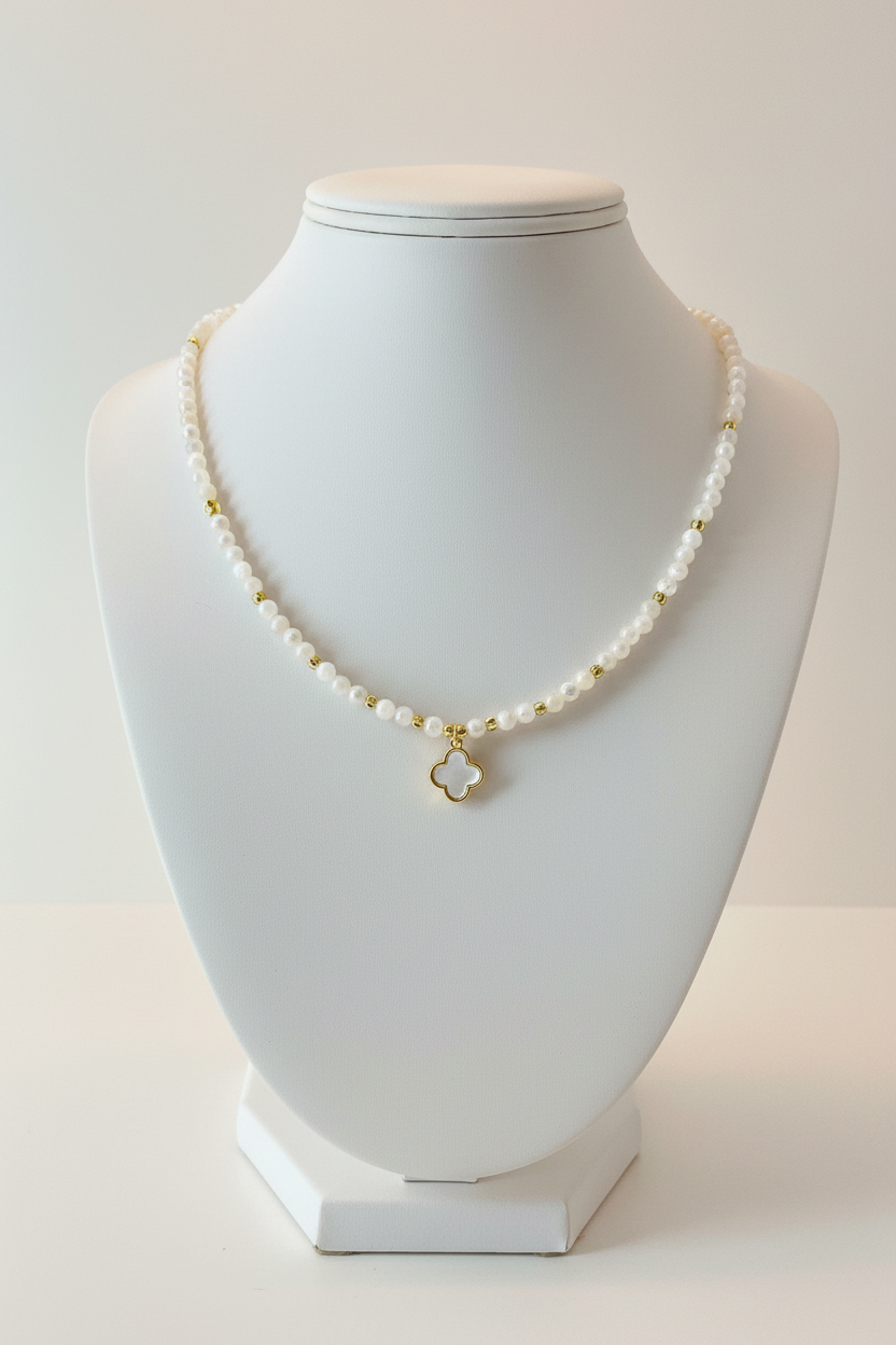 Natural Shell Pearl & Clover Charm Necklace | Gold Beaded Pearl Choker with Mother of Pearl Pendant