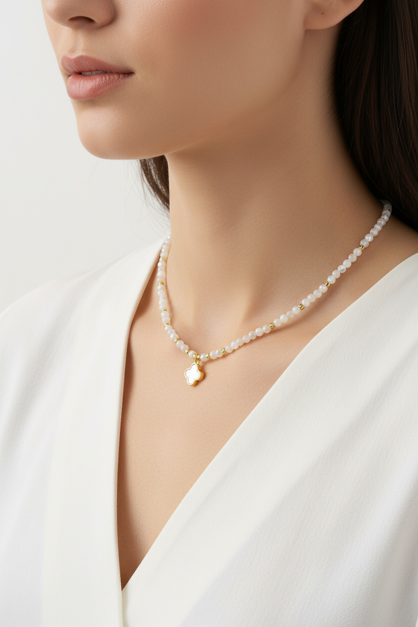 Natural Shell Pearl & Clover Charm Necklace | Gold Beaded Pearl Choker with Mother of Pearl Pendant