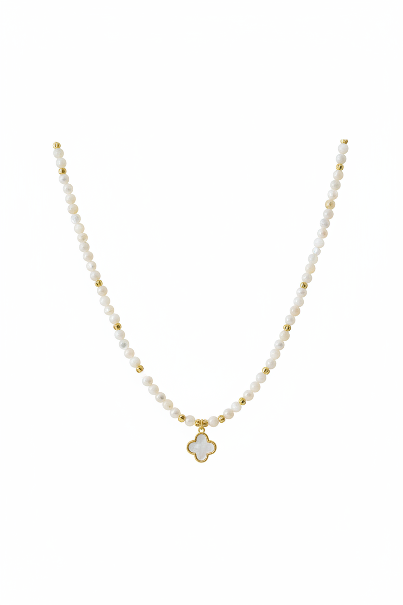 Natural Shell Pearl & Clover Charm Necklace | Gold Beaded Pearl Choker with Mother of Pearl Pendant
