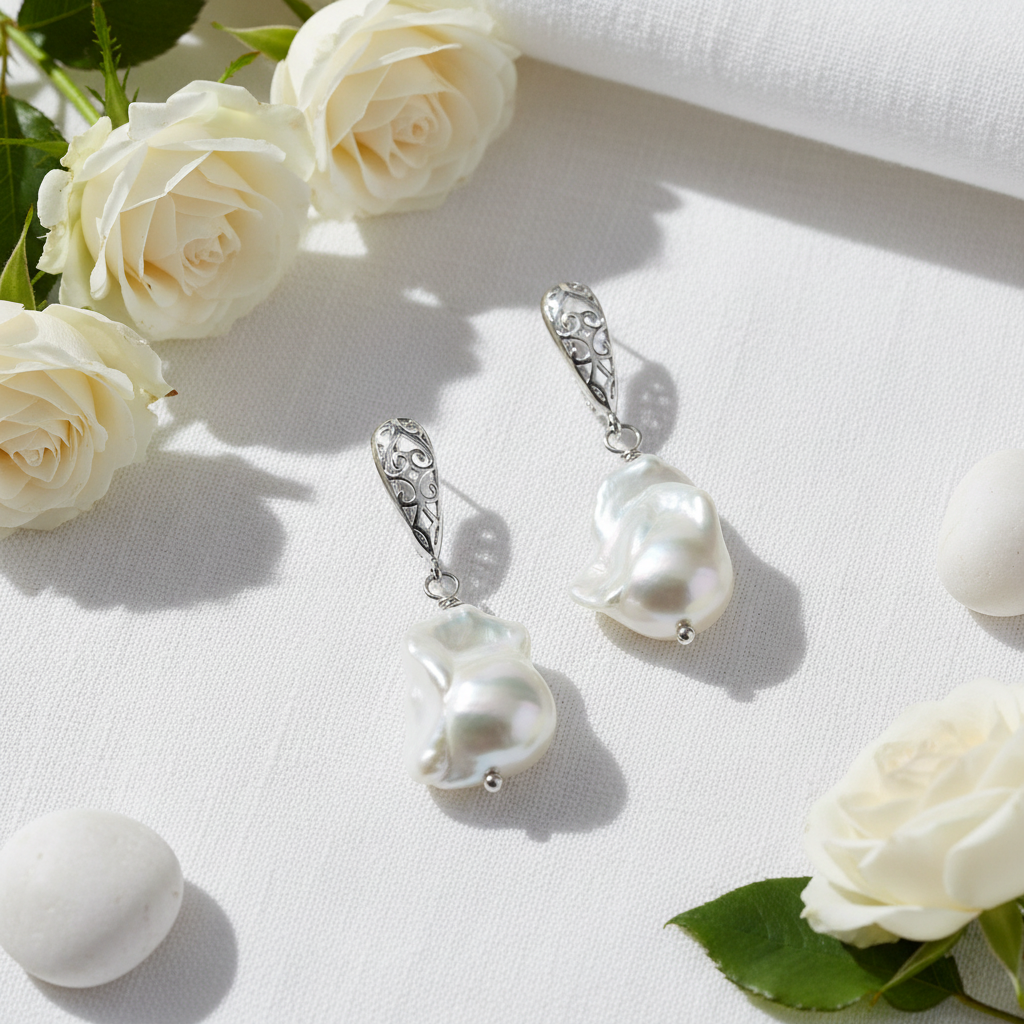 Silver Baroque Pearl Earrings – White Linen Flat Lay