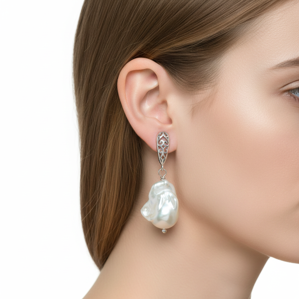 Silver Baroque Pearl Earrings – Worn on Ear